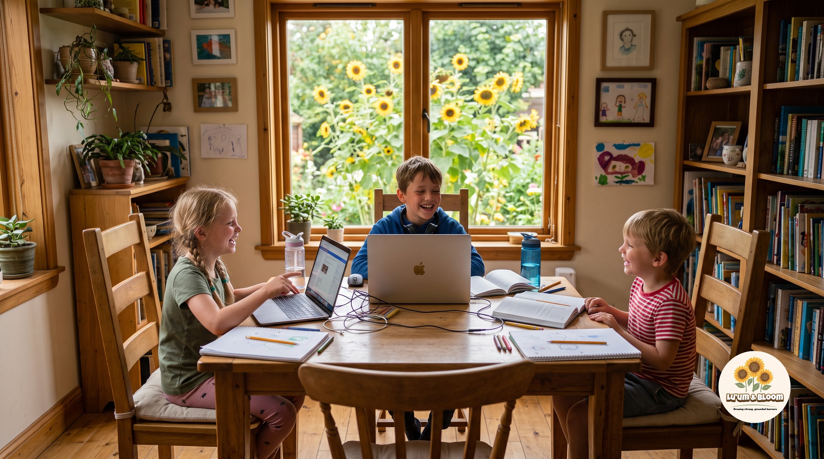 Three siblings laughing together during a live online class at their kitchen table